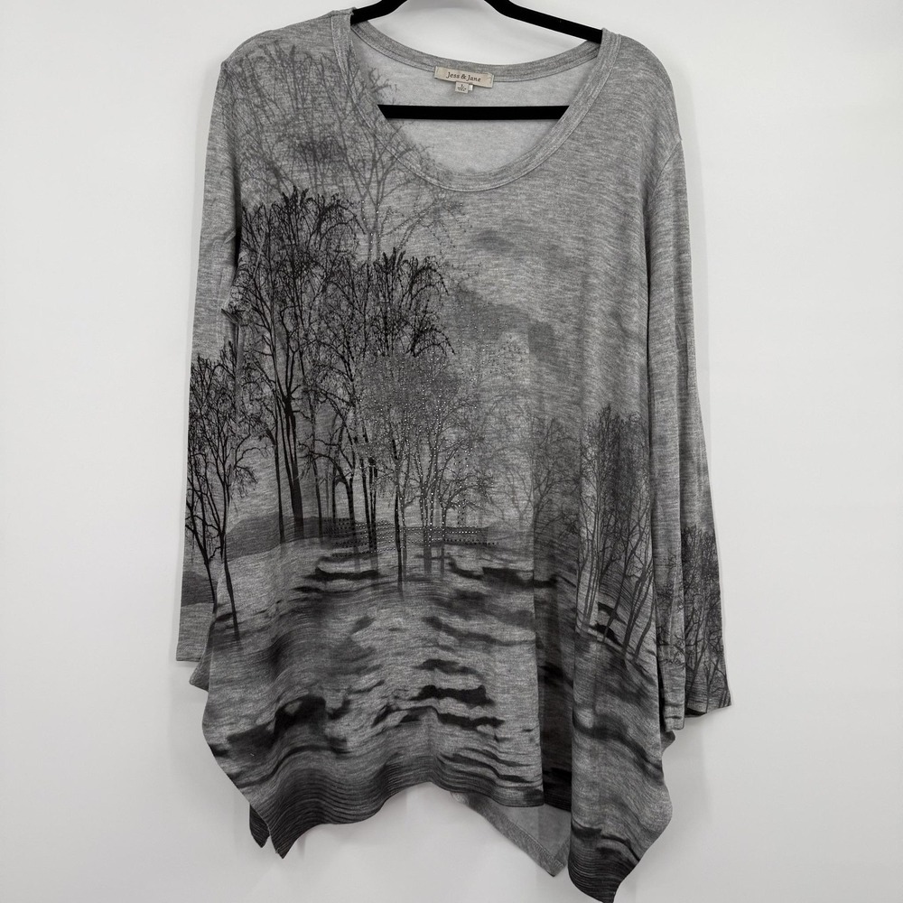 Jess & Jane Tunic Womens L Gray Scoop Neck Long Sleeve Rhinestone Jersey Relaxed - Picture 1 of 8